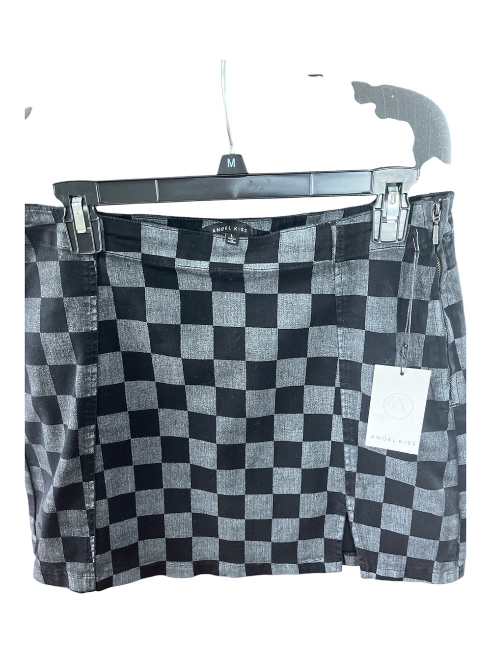 1. Angel Kiss NWT Checkered Denim Mini Skirt Grey Black Size L
